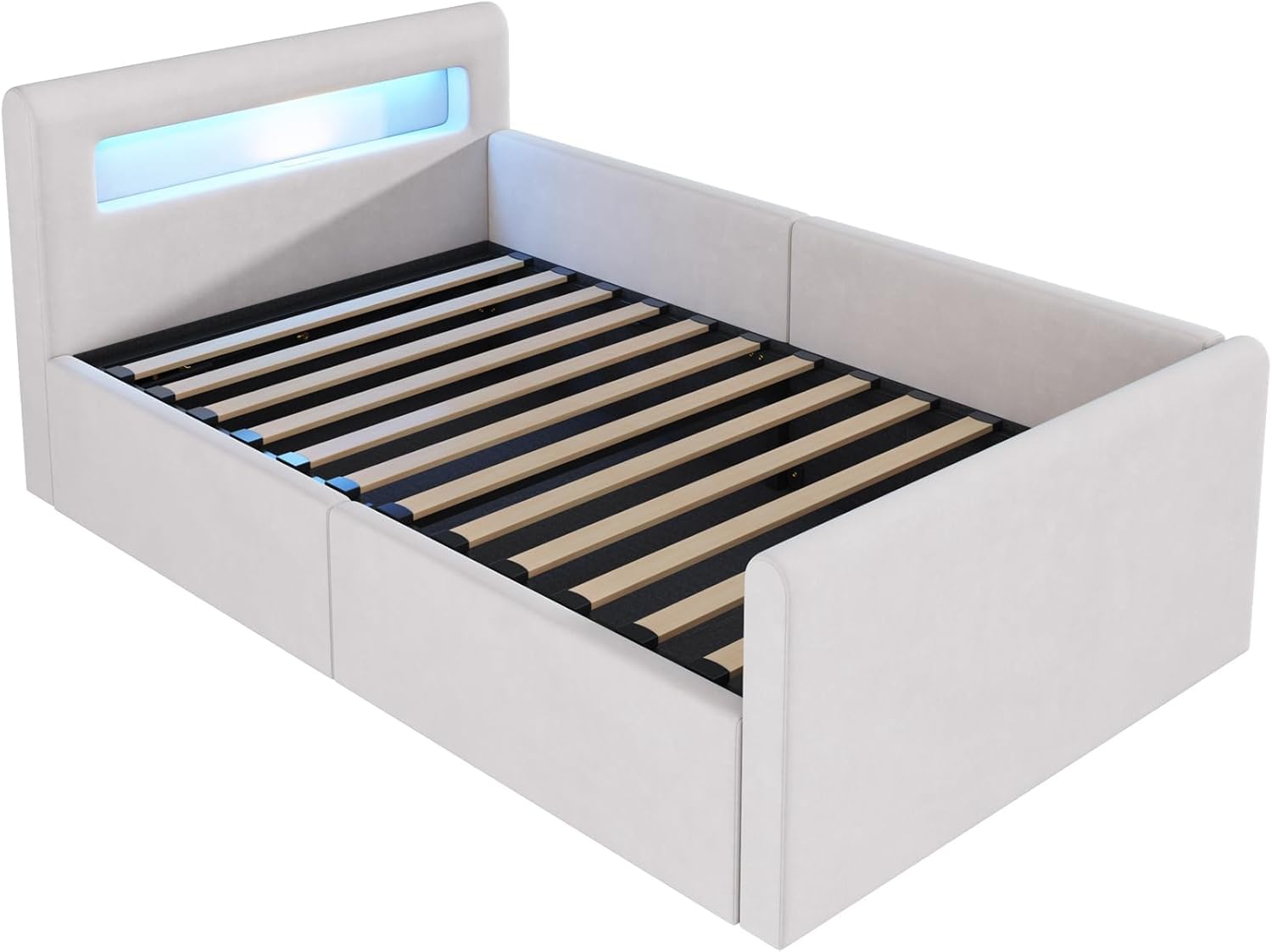 okwish Polsterbett Kinderbett 90x200 cm, Jugendbett mit hydraulischem Stauraum, LED Nachtlicht & USB-Anschluss, Samtstoff, Beige, ohne Matratze
