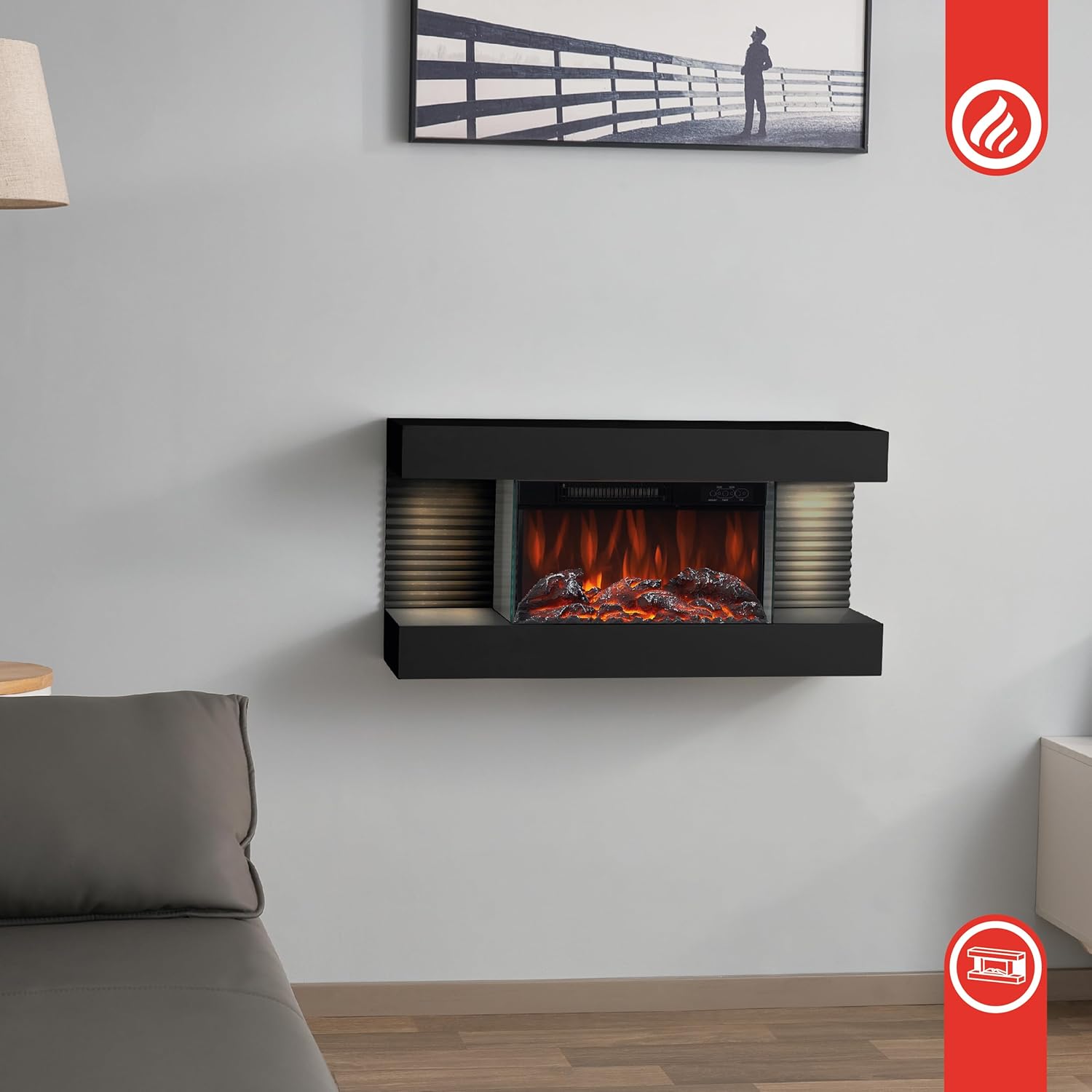 Elektrokamin Liz - Elektrischer Wandkamin mit Heizung, 3D-Flammeneffekt, LED-Ambientelicht, Fernbedienung (Schwarz)