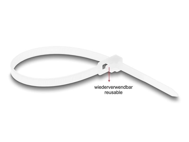 Delock Kabelbinder Weiss 200 mm x 4.8 mm, 100 Stück Delock Kabelbinder wiederverwendbar L 200 x B 4.8 mm 100 Stück weiss