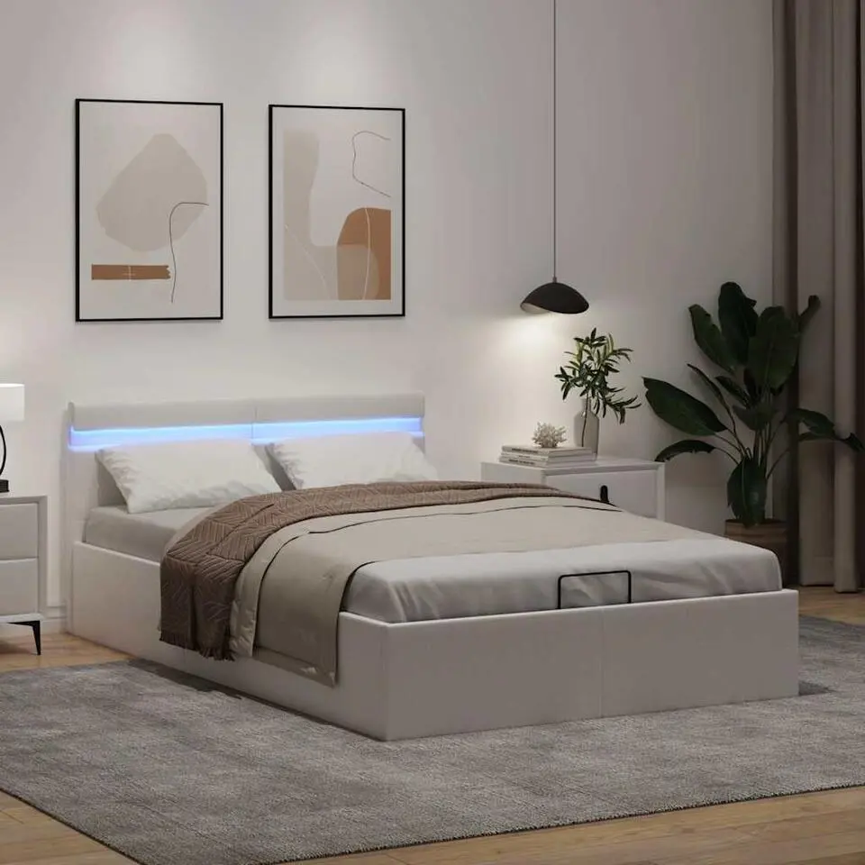 vidaXL - LED bed met opbergruimte - Hydraulisch - Wit - Kunstleer - 140x200 cm