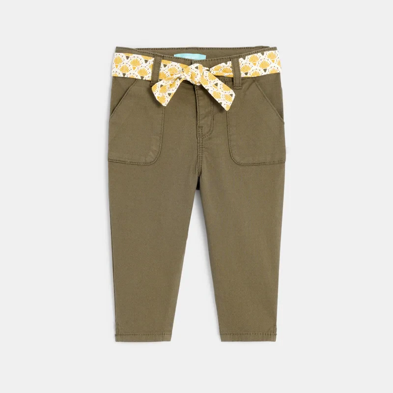 Pantalon coton fantaisie ceinture fleurie vert kaki bébé fille Vert