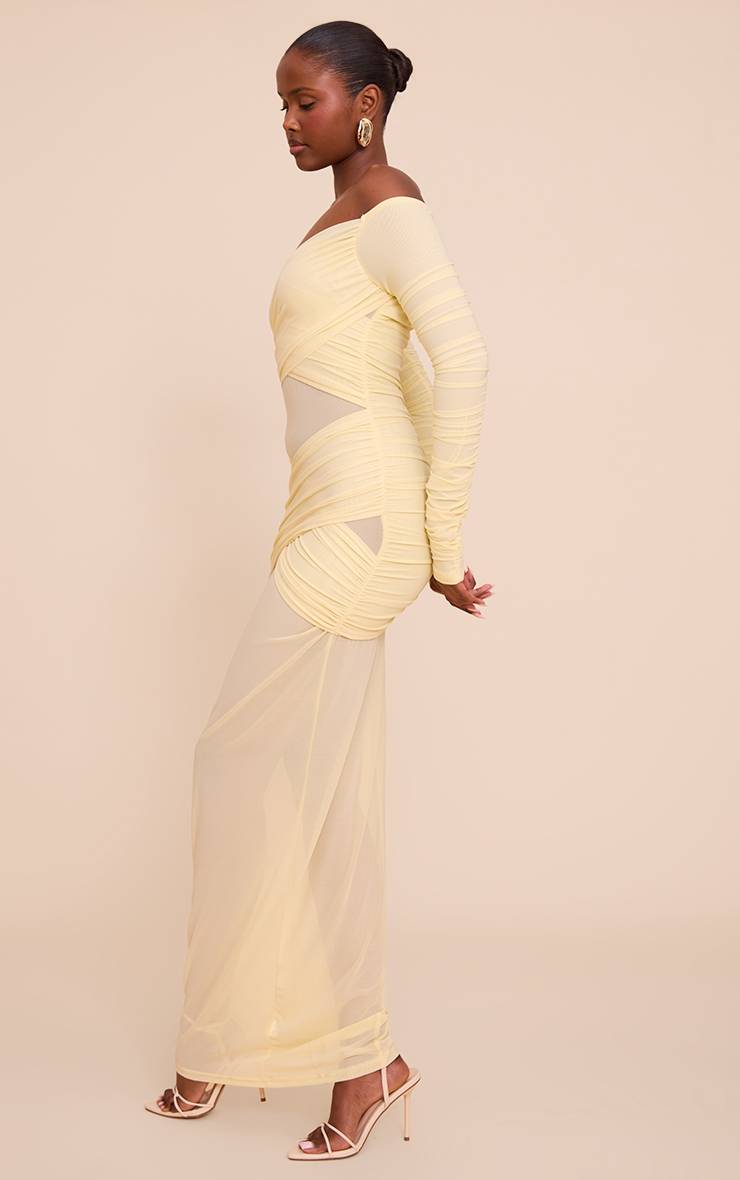 Citron Robe Longue Froncée À Superposition En Mesh Avec Décolleté Bardot