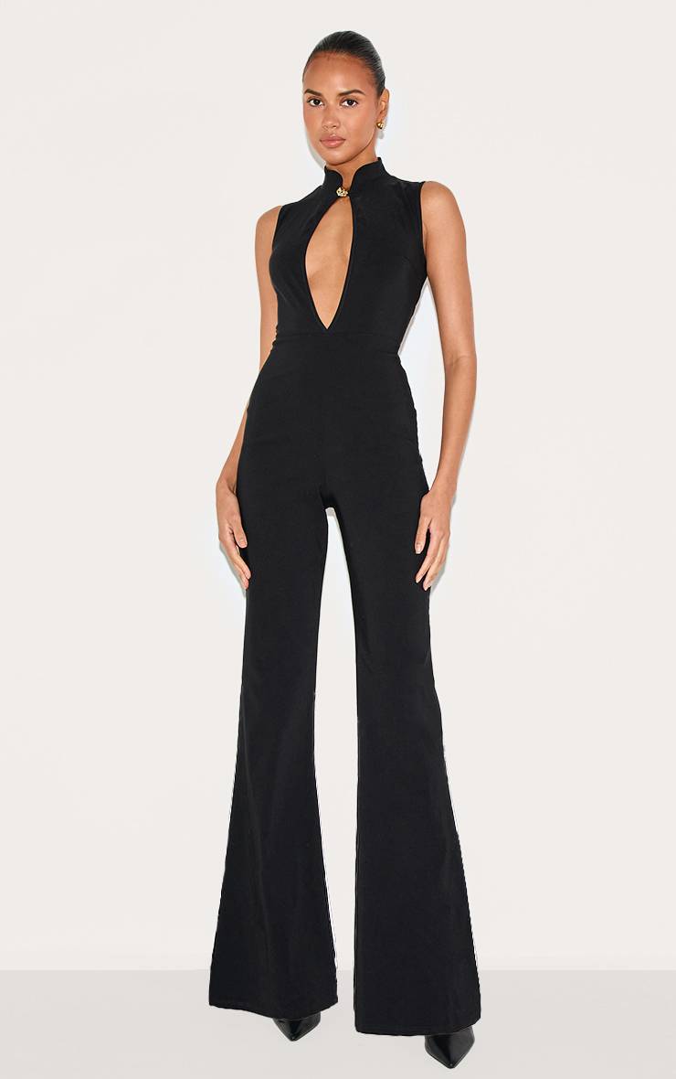 Noir Combinaison-pantalon À Col En Tissu Stretch Avec Finitions Dorées Et Jambes Droites