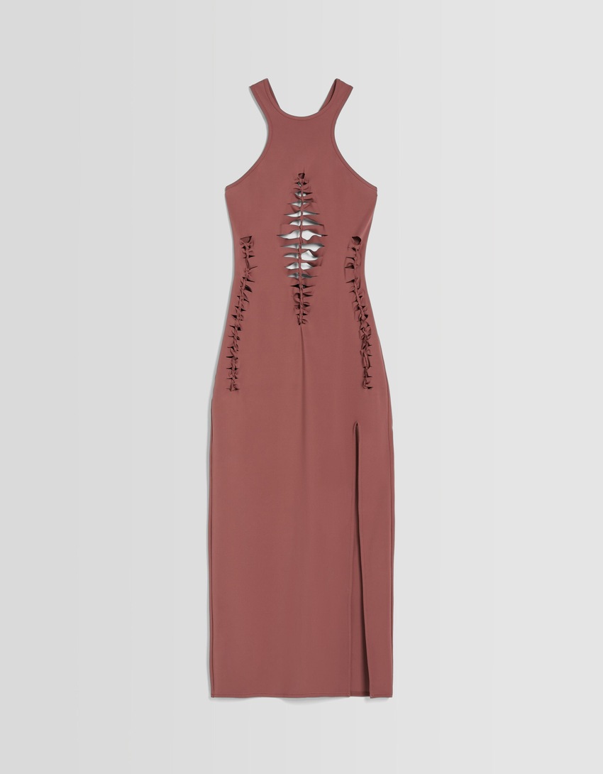 Vestido midi sem mangas com recortes a laser