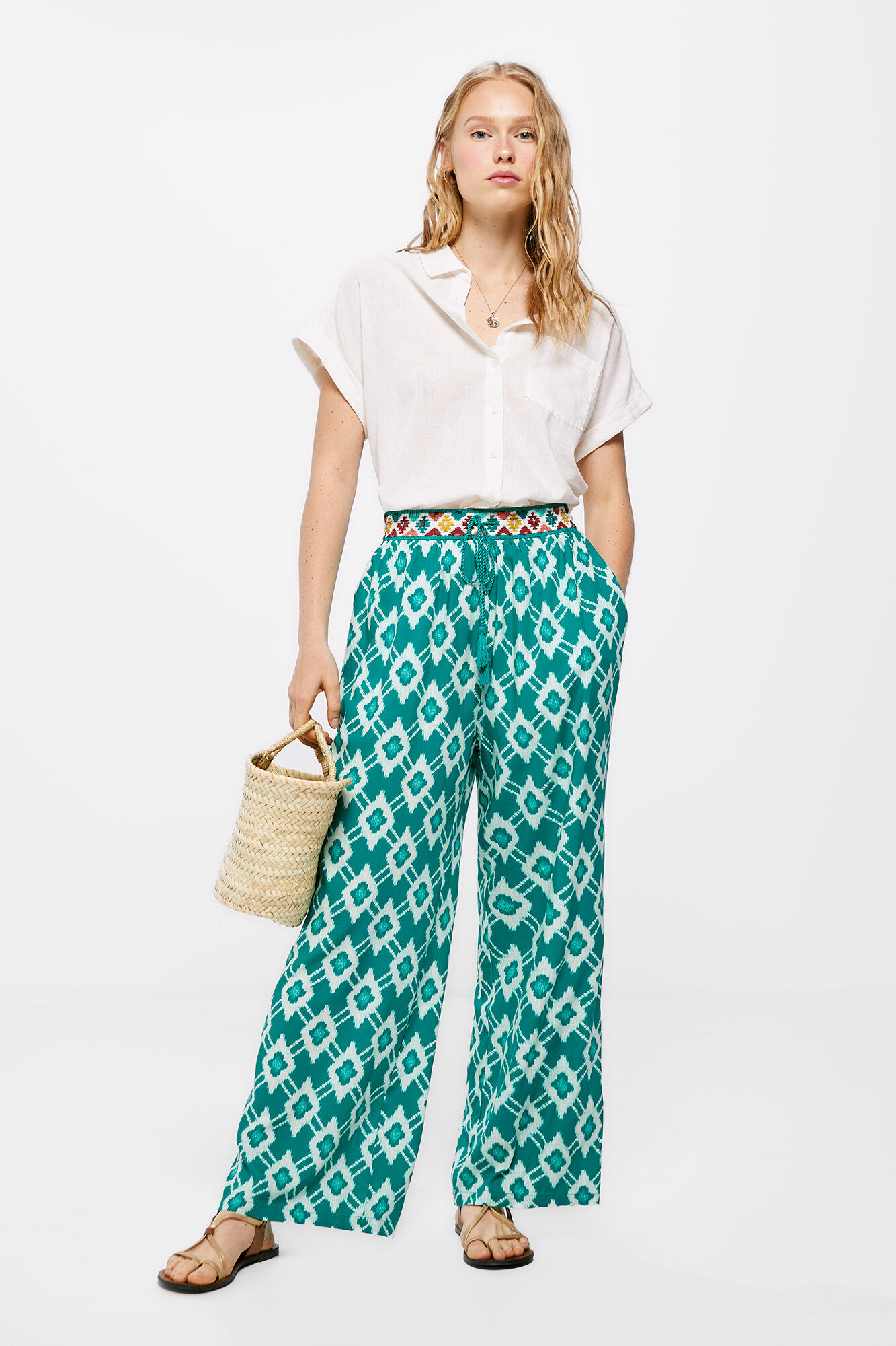 Calças fluidas estampadas - Verde