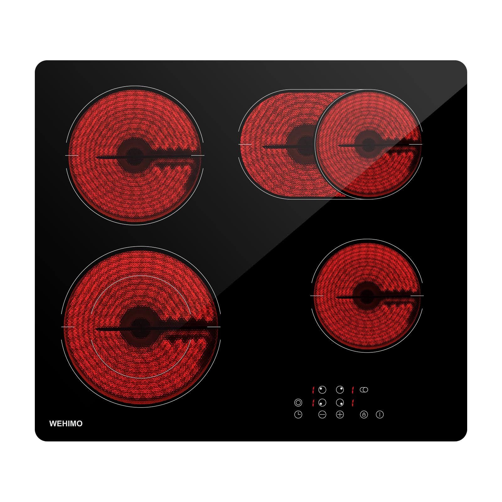 WEHIMO Glaskeramikkochfeld 4 platten, 59cm, 7200W, 4 Kochzonen (2200W+