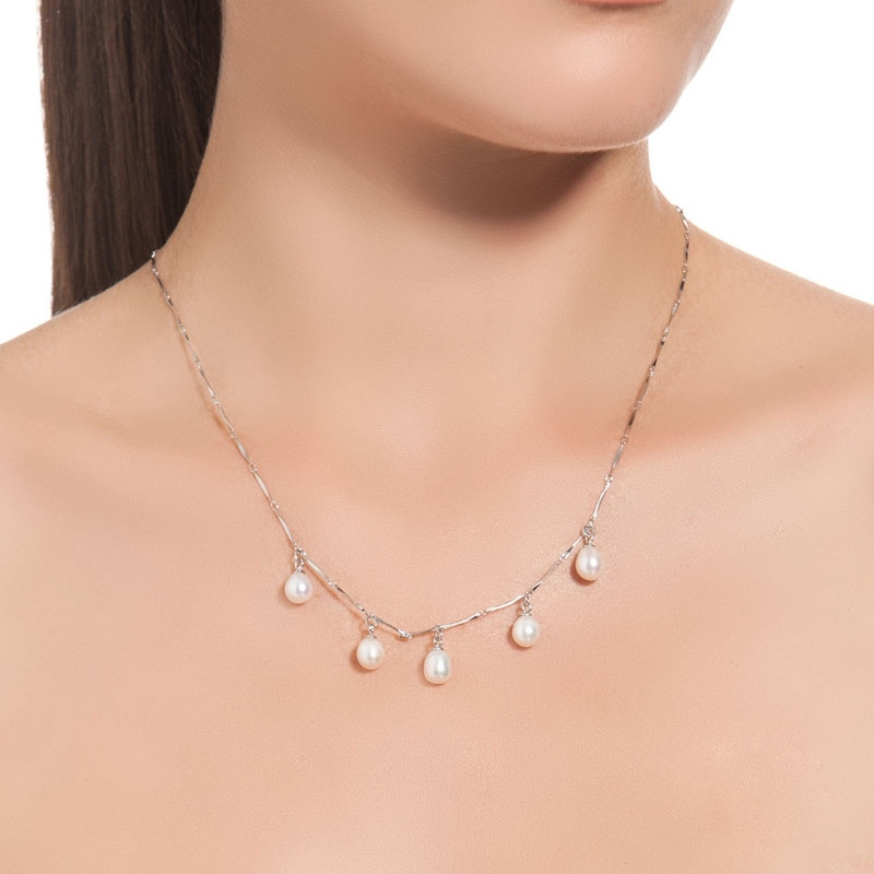 Collier 5 Perles de culture Blanc ou Noir et Argent 925 plaqué or blanc