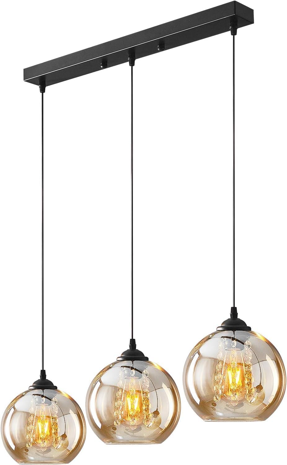 H.W.S Glas Pendelleuchte Kristall Pendellampe Modern Kugel Kronleuchter Design Kreative Hängeleuchte Höhenverstellbar Innen Dekoration Hängelampe Wohnzimmer Leuchte (Amber, 3 flammend lang)