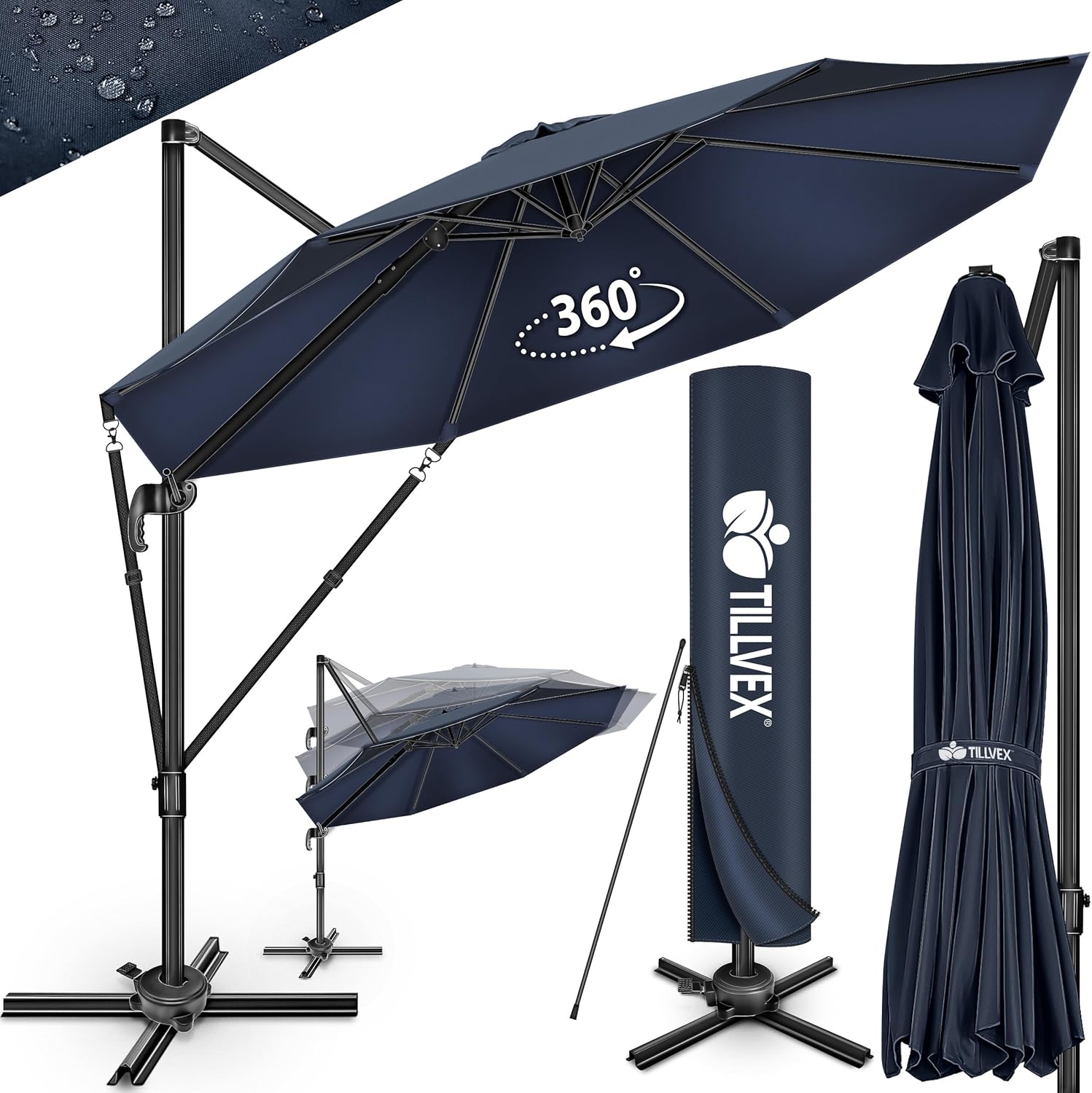 tillvex® Premium Alu Sonnenschirm 330 cm + Abdeckung & Windsicherung | Ampelschirm 6-Fach verstellbar mit Kurbel | Gartenschirm 360° Drehbar Neigbar Kippbar | UV50+ wasserdicht