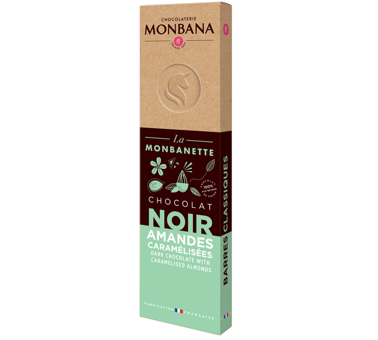 Barre chocolat noir 65% - MONBANA - amandes caramélisées