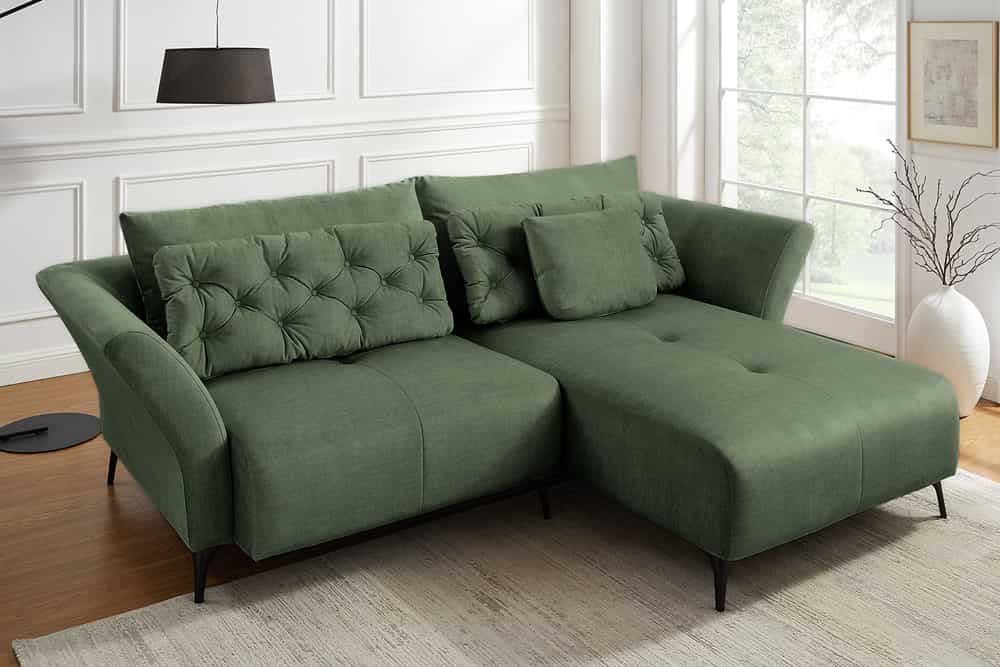 Modernes Ecksofa MARRAKESCH 265cm grün Samt 3-Sitzer inkl. Kissen Ottomane rechts