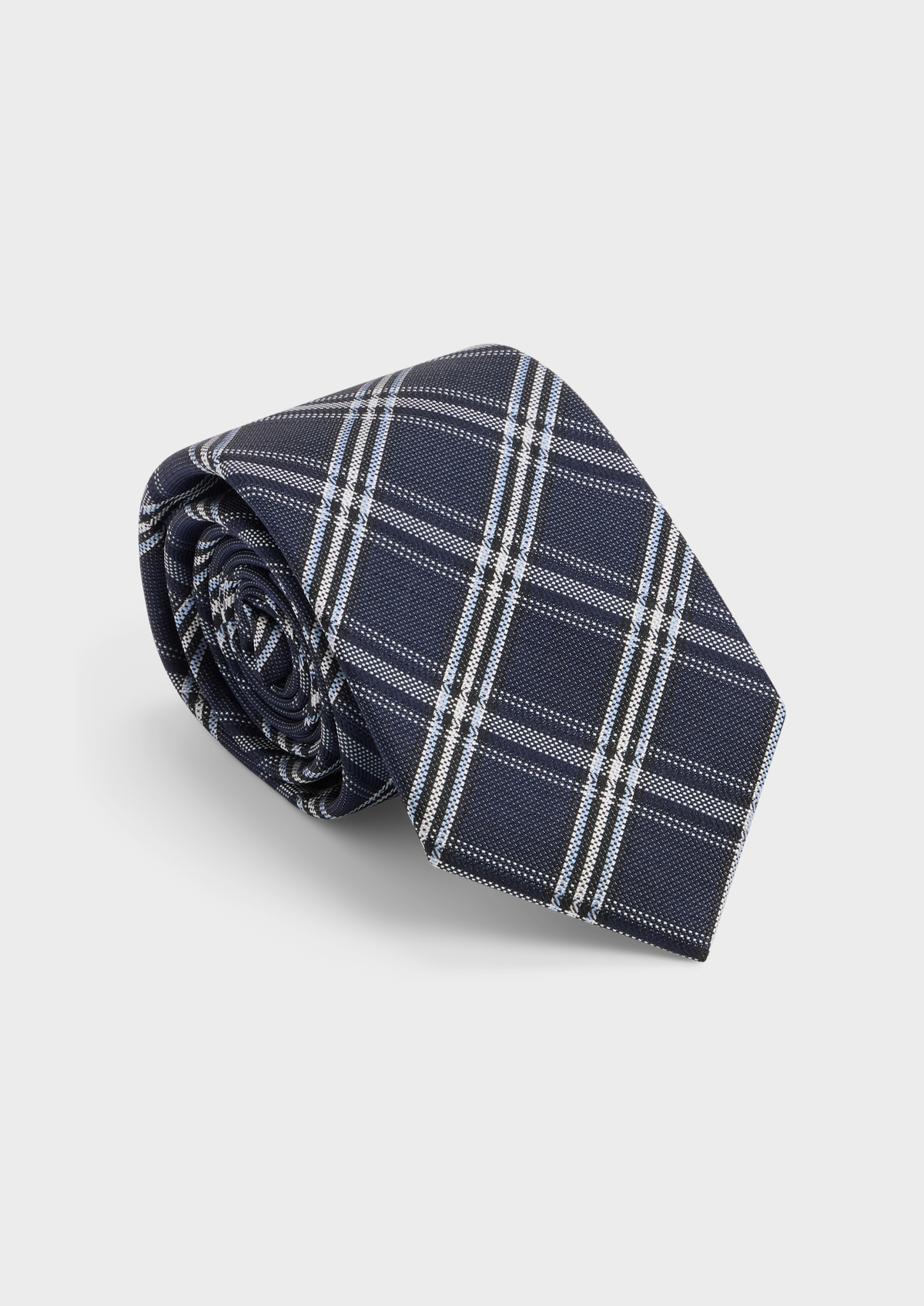 Cravate large en soie bleu marine Prince de Galles blanc