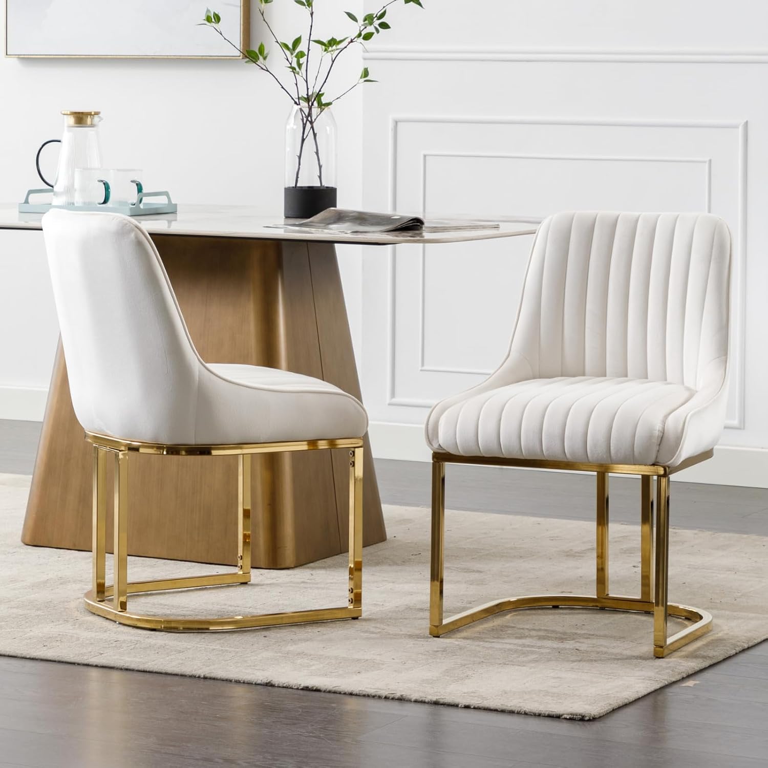 chairus Esszimmerstühle 2er Set Samt, Küchenstühle für Esszimmer, Moderne Polsterstühle mit Metallbeinen, Essstühle für Küche Wohnzimmer, Weiß