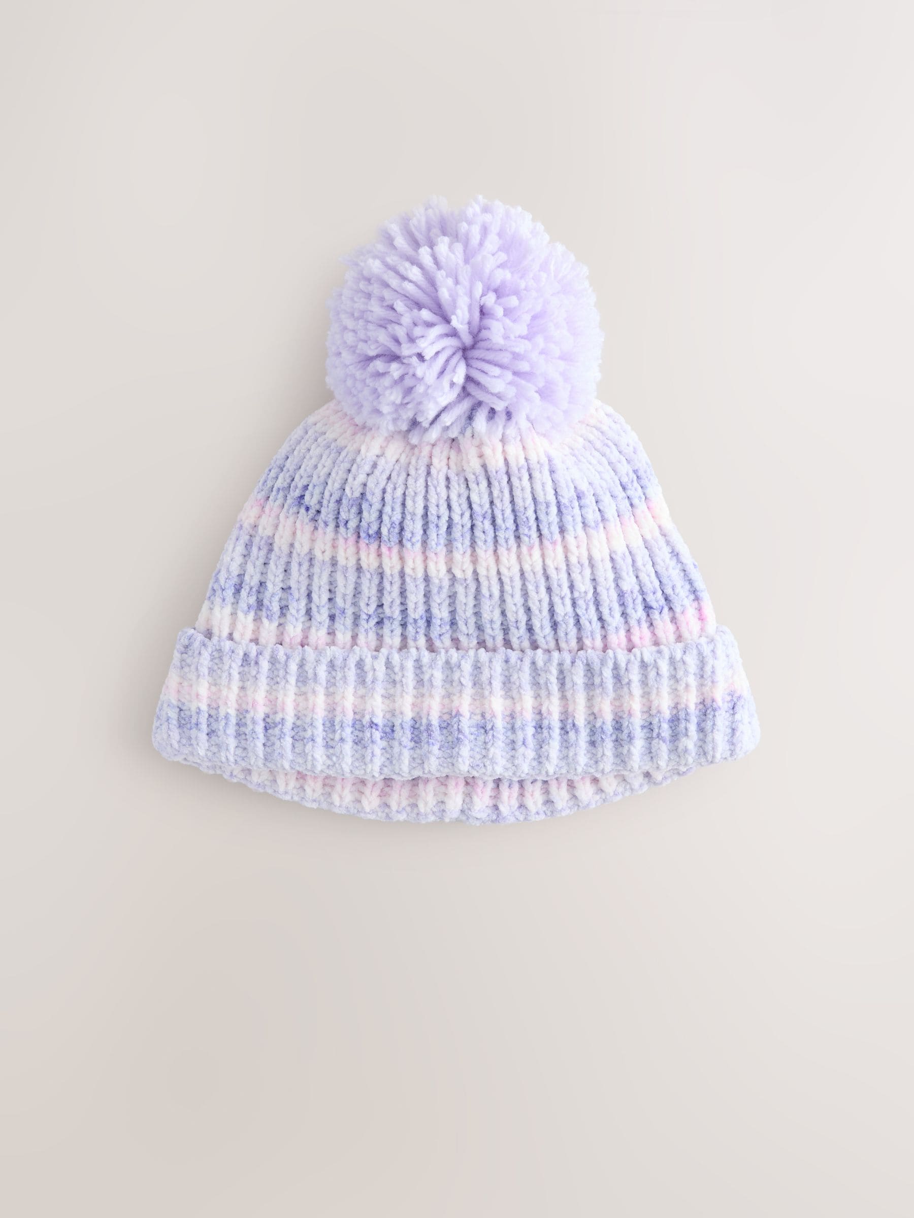 Lila ton-sur-ton - Gebreide babymuts van chenille met pompon (0mnd-2jr)