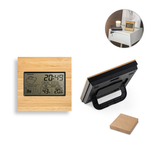 hi!dea 97099 - Station météo de bureau avec écran LCD en ABS et bambou