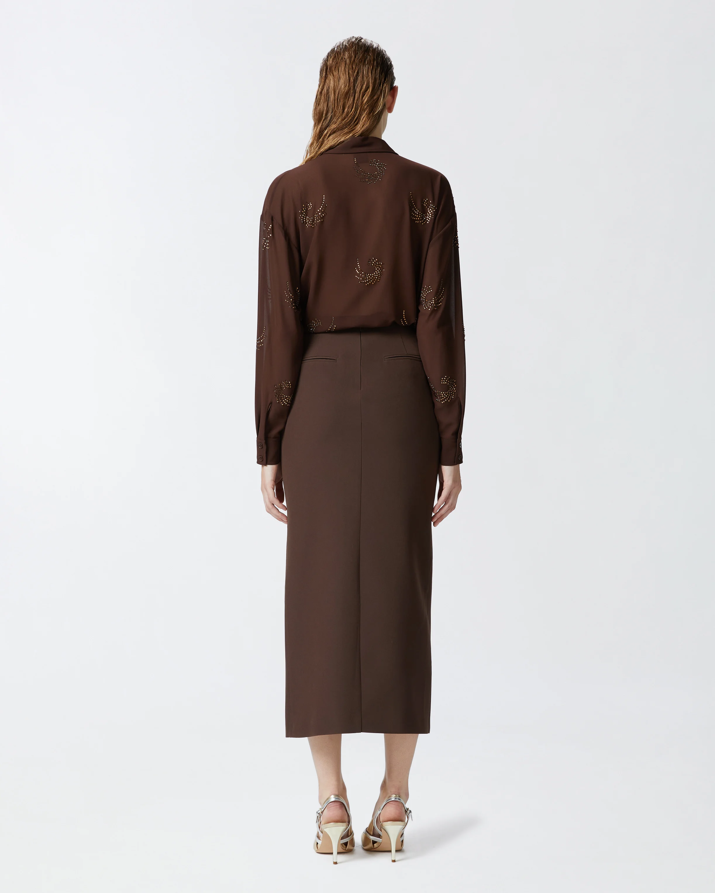 Chemise semi-transparente avec tourbillons de strass | Marron