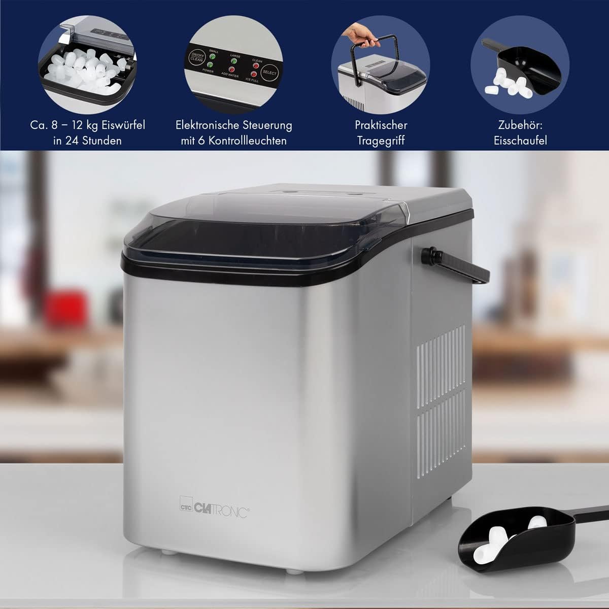 Clatronic Eiswürfelmaschine | Eiswürfel nach 10 Minuten | Selbstreinigend für große und kleine Würfel | 12kg/24h | Ice Maker | 1,5 Liter Wassertank | EWB 3785