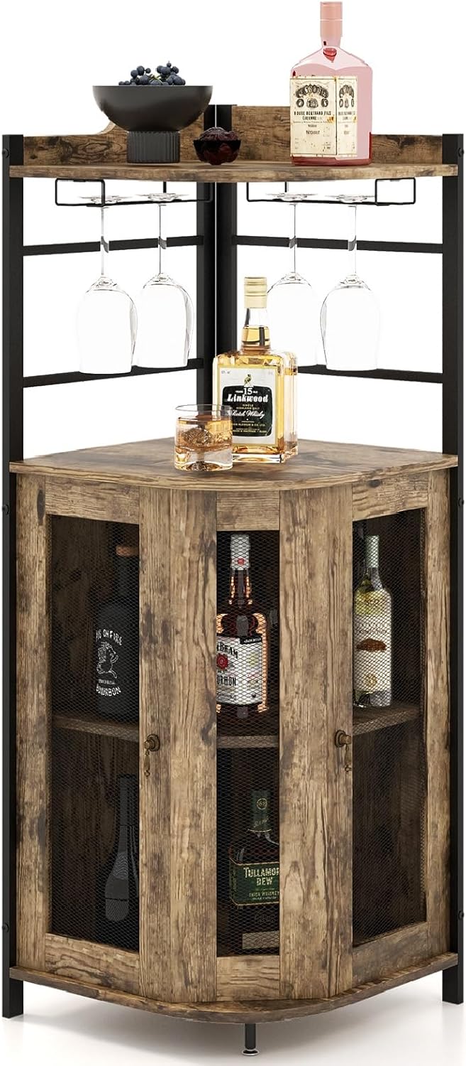 GIANTEX Weinschrank Eckschrank Industrial, Barschrank mit Glashalter, Weinbarschrank mit verstellbarem Regal, Küche Hausbar mit Metallgittertüren, Küchenschrank mit Kippschutz, 46 x 46 x 130 cm