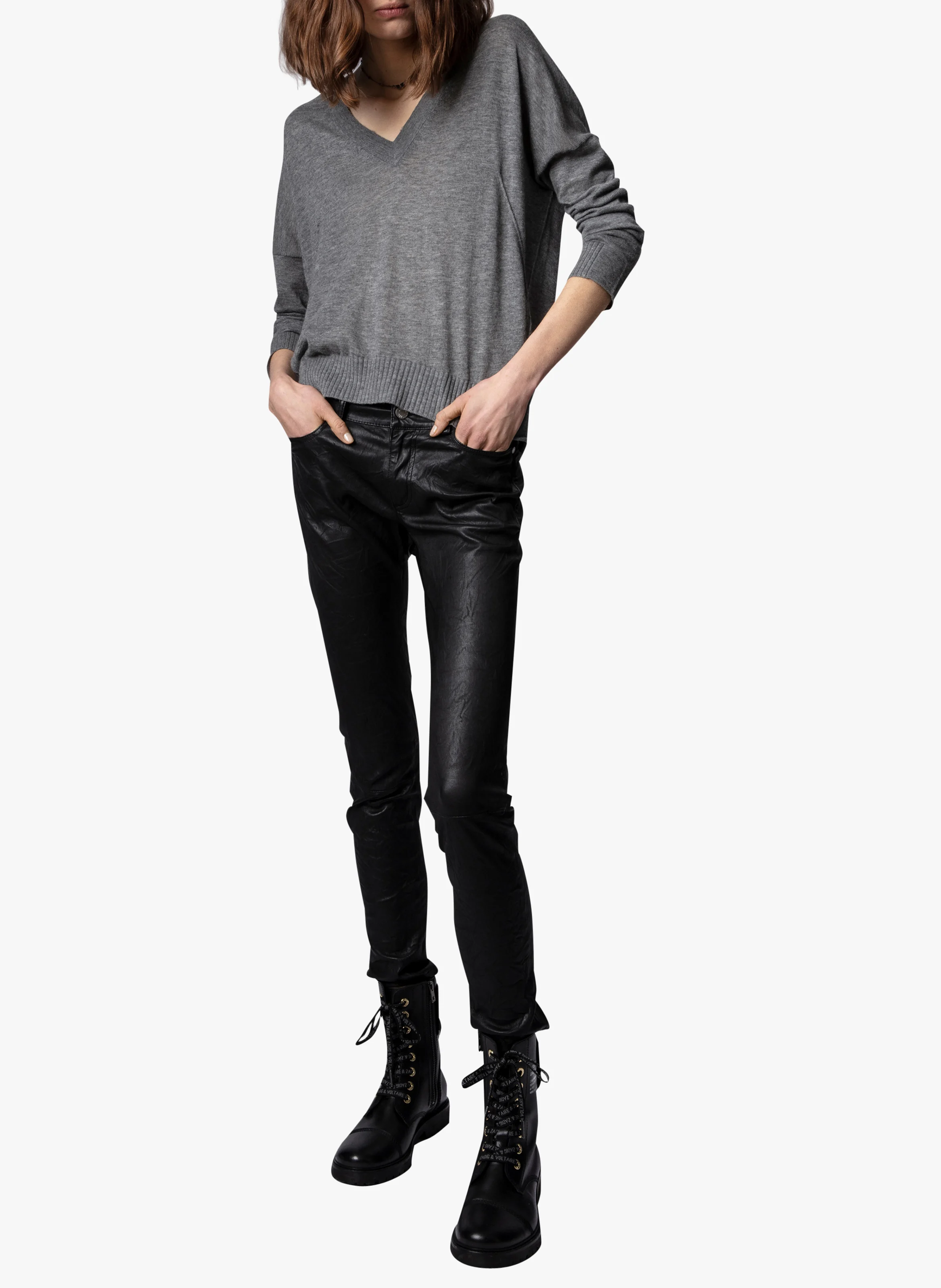 PHLAME - Pantalon droit 5 poches en cuir | Noir