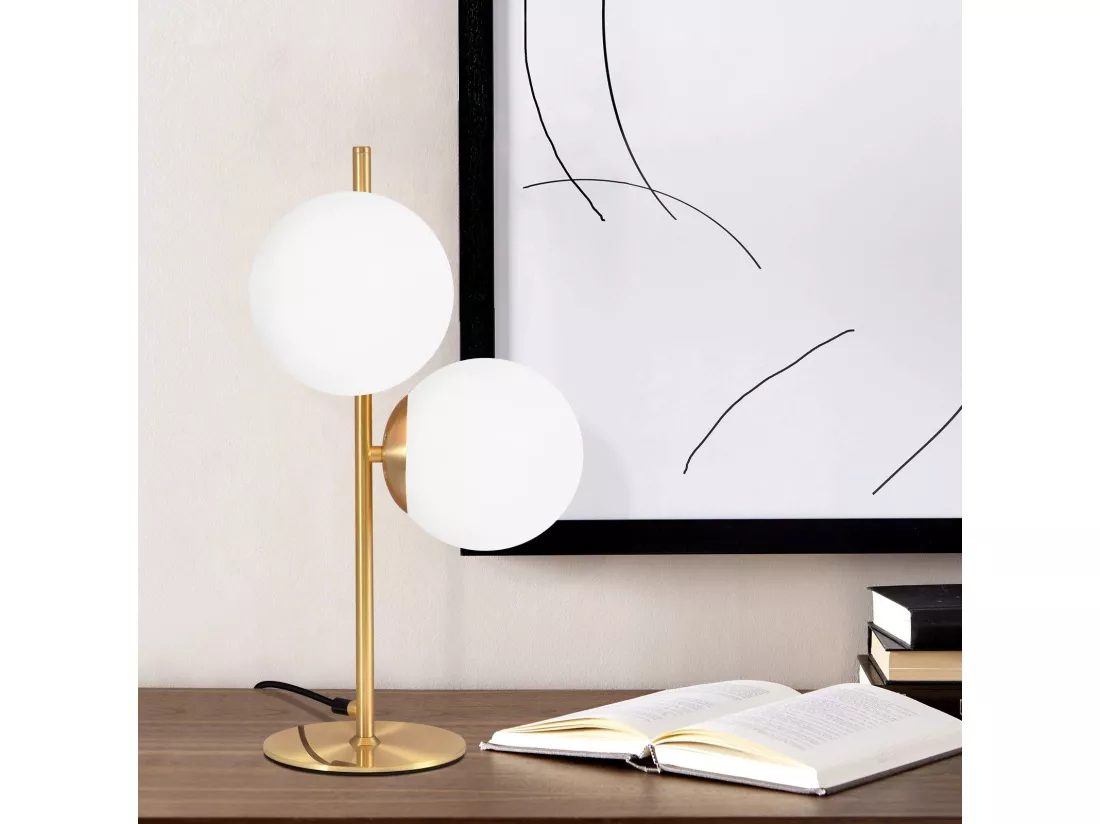 NETTLIFE lampe de table lampe de chevet moderne industrielle dorée 2 ampoules avec interrupteur design métal en verre blanc E27