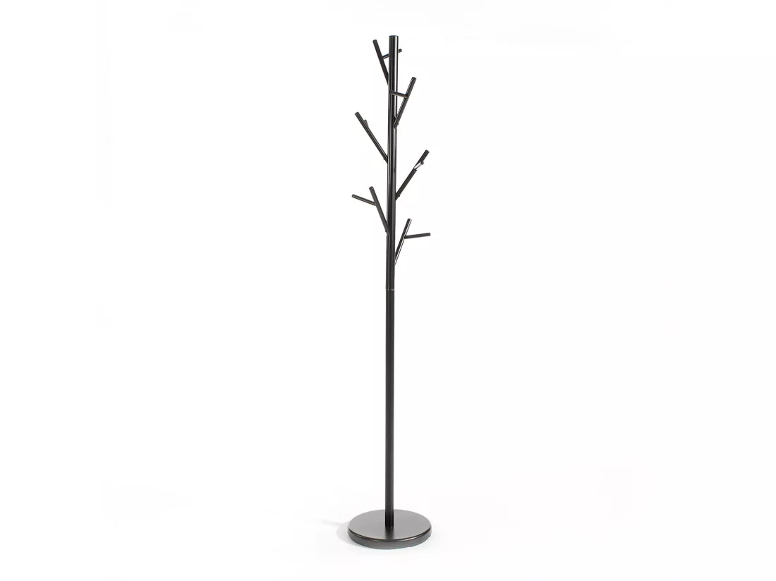 Porte-manteaux ZENO portant à vêtements sur pied en forme d'arbre avec 6 crochets sur différentes hauteurs, en métal laqué noir