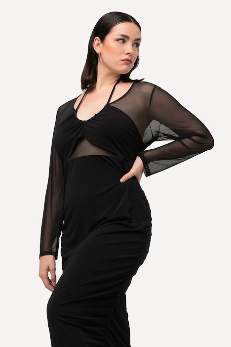 Maxikleid, Mesheinsatz, Slim, V-Ausschnitt, Langarm