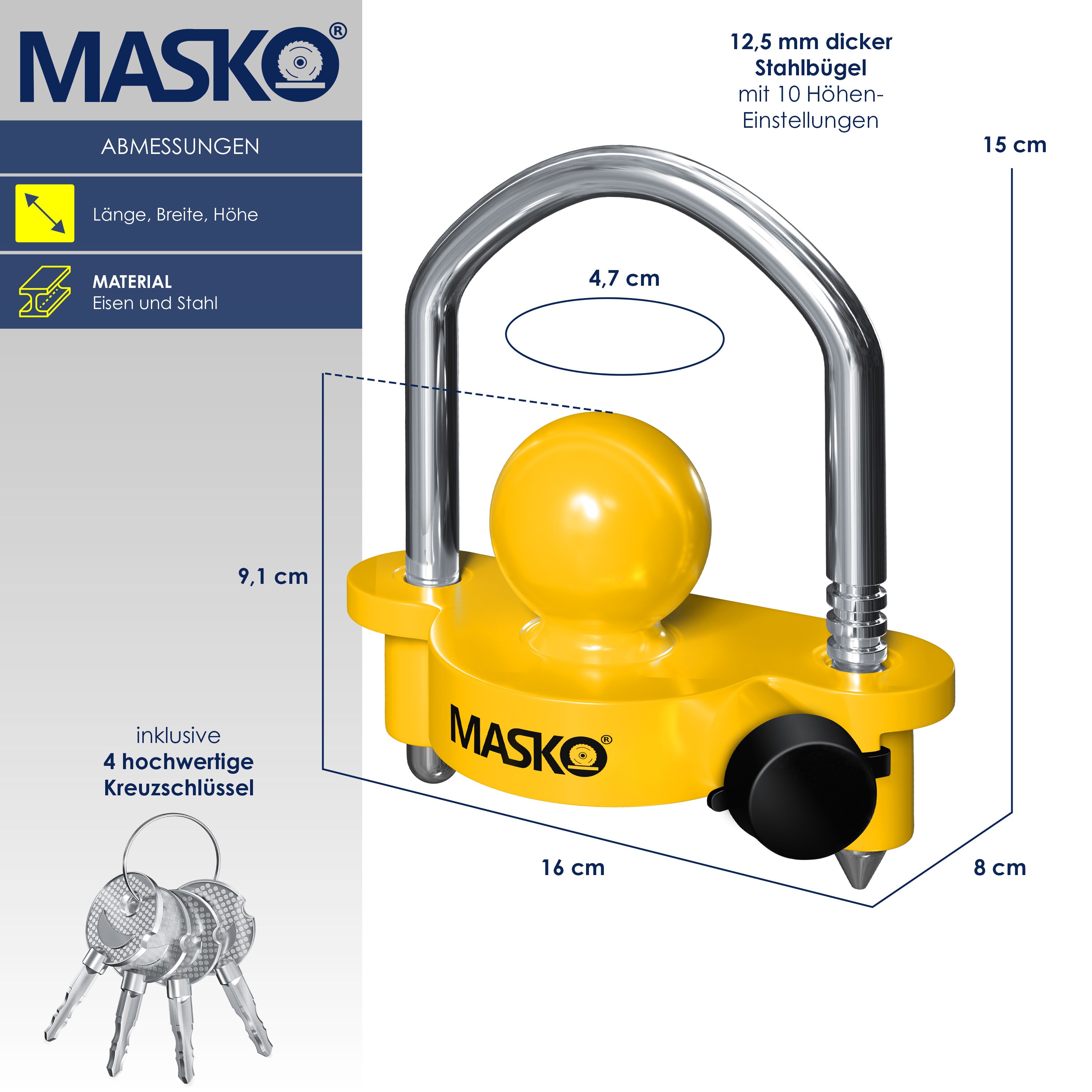 MASKO® Anhängerschloss für gängige Anhängerkupplung einfache Montage Diebstahlschutz Diebstahl Anhänger Sicherung 4 Schlüssel extra sicher Kreuzschloss, Inkl. Deckelschutz