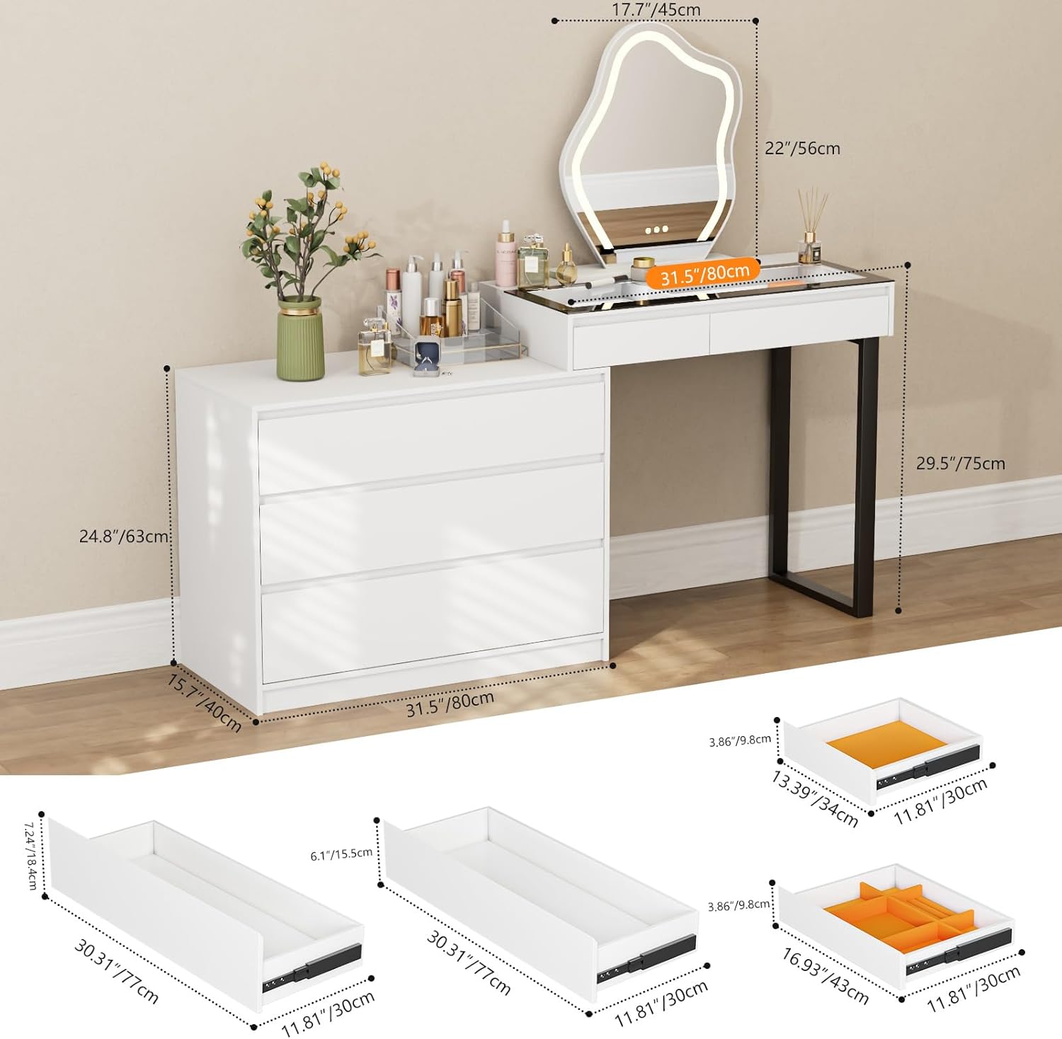 Schminktisch mit Verstellbaren LED-Beleuchtung, Dressing Table mit Spiegel, Vanity Desk mit 5 Schubladen, Ecke Vanity, L-Form ändern, Eckschminktisch mit Glasplatte, Weiß