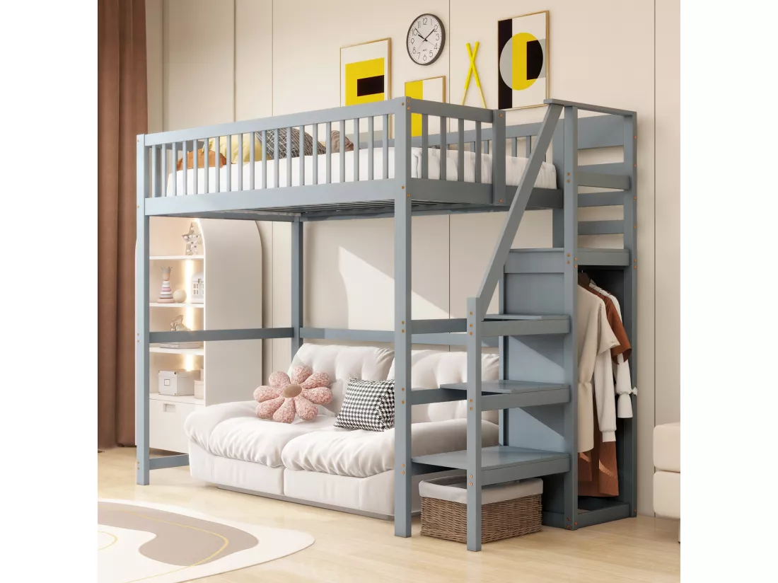 Lit mezzanine 90 x 200 cm avec armoire et escalier - Bois massif + contreplaqué + MDF - Gris (Sans matelas)