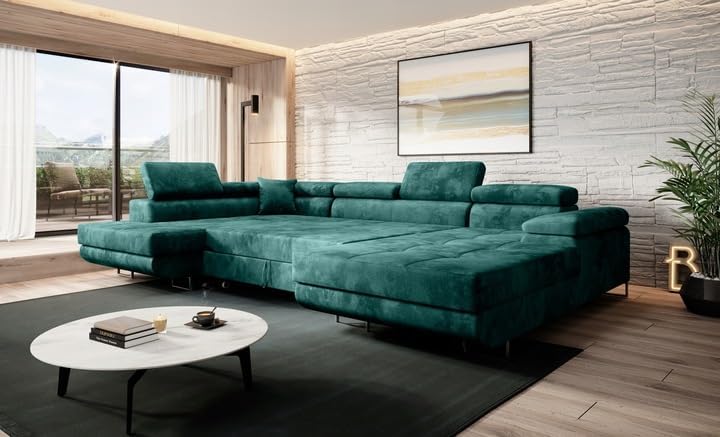 Graphit Ecksofa Varberg Velours in U-Form 345 x 72 x 205 cm mit Schlaffunktion und Bettzeugbehälter - Schlafsofa mit Bettkasten - Eckcouch mit Stauraum - Stoff: Monolith 97