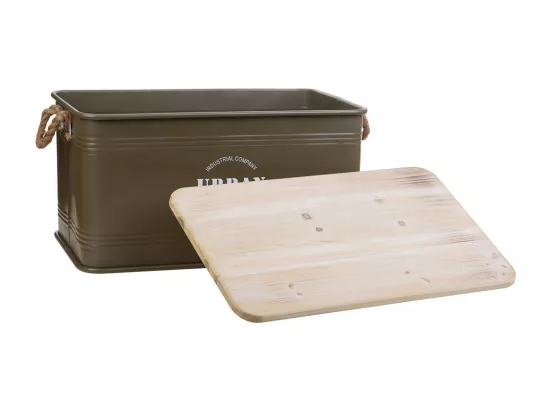 Coffre en métal, couvercle en bois et poignées en corde imprimée verte 60x38x33h cm