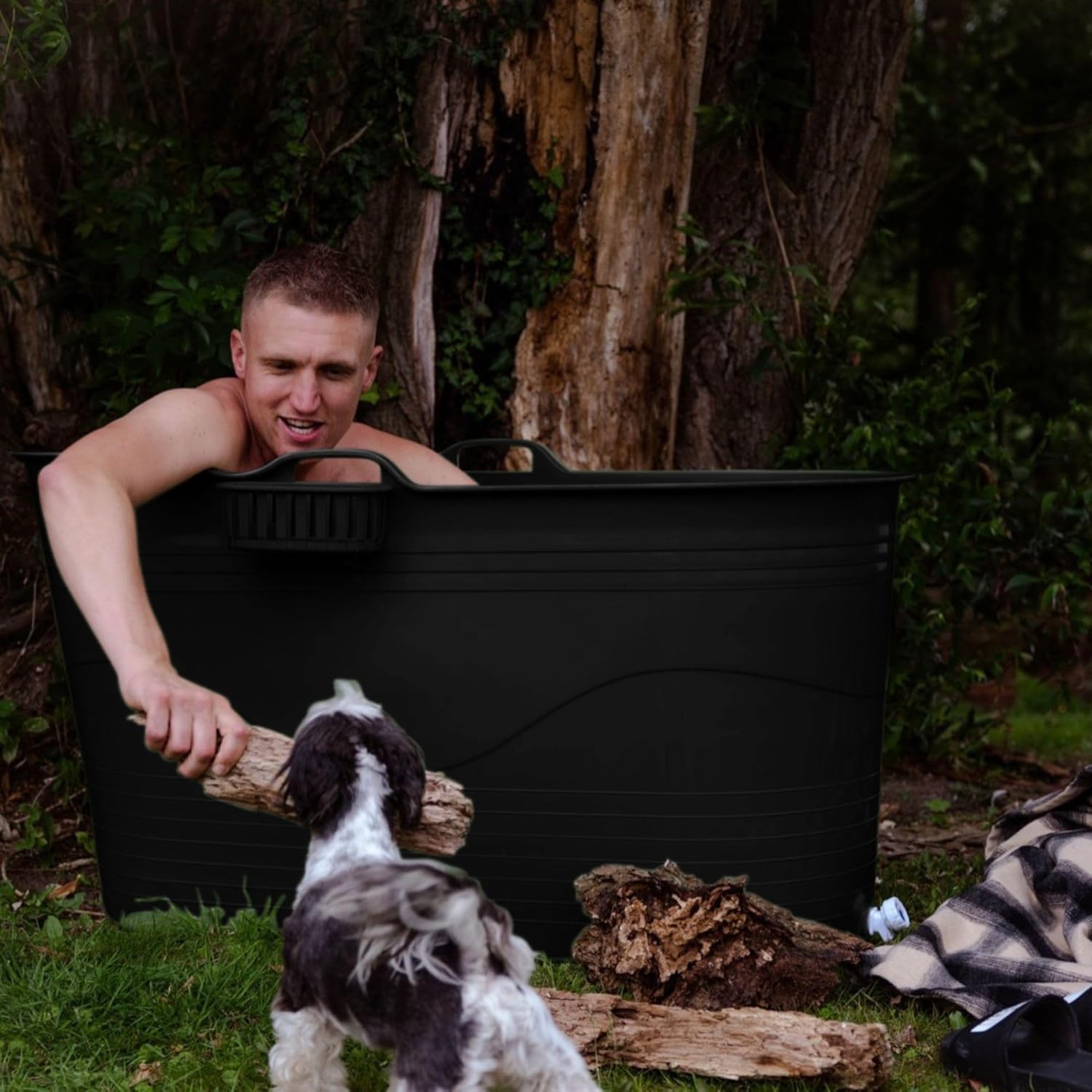 HelloBath® Mobile Badewanne XL 121x56x64 cm für Erwachsene | Tragbare Sitzbadewanne mit verlängerbarem Ablaufschlauch (3 m) & Wasserhahn | Badewanne für Dusche & Outdoor | Schwarz