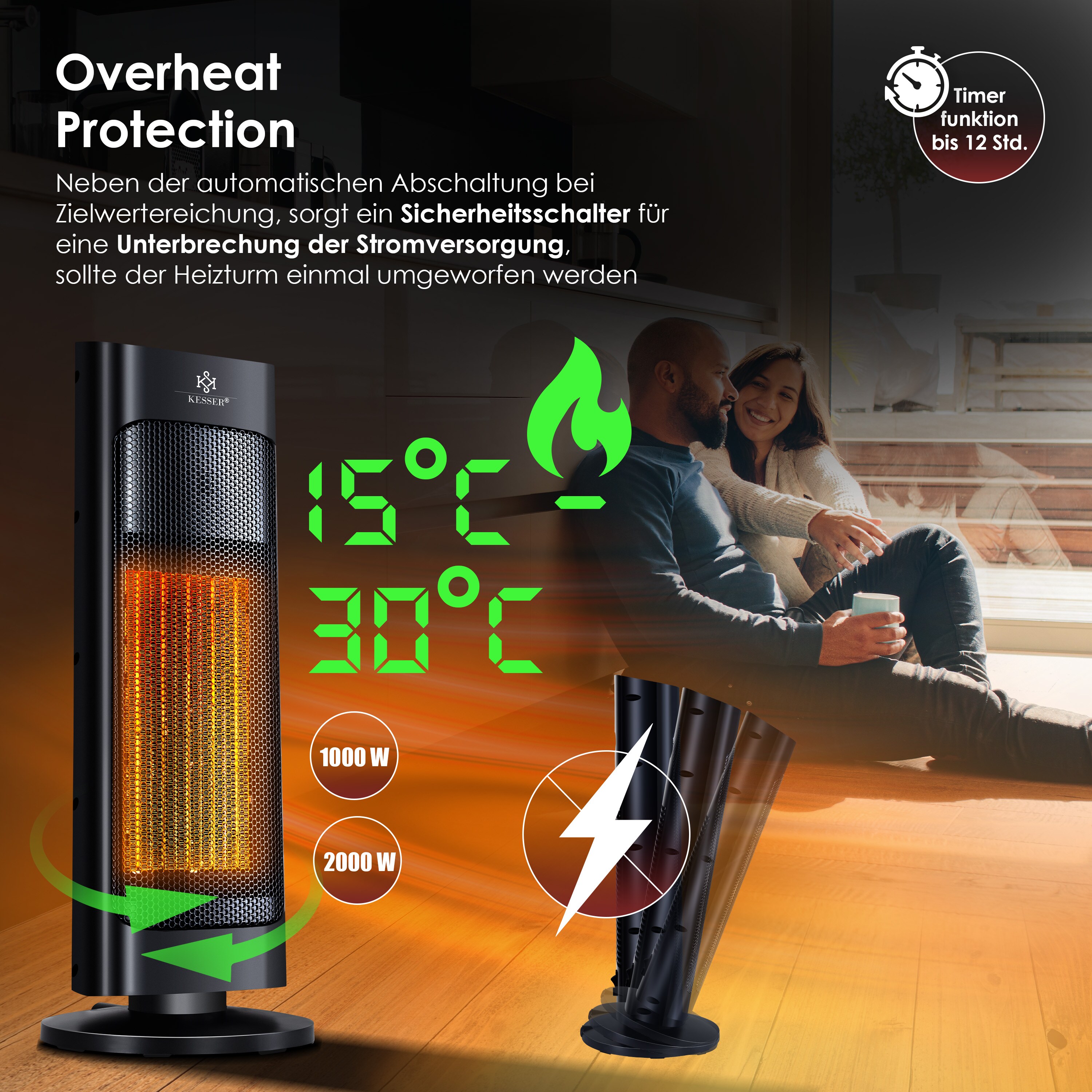 KESSER® Heizlüfter mit Fernbedienung energiesparend leise 2000W Keramik Heizstrahler Standheizstrahler 15-30°C - Schnellheizer mit 80° Oszillationsfunktion 24h TimerHeizung Turmheizstrahler