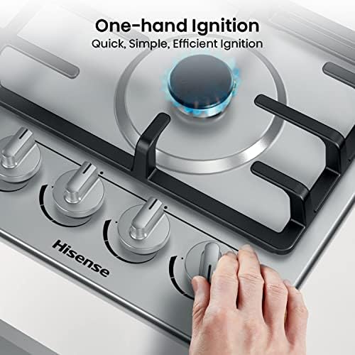 Hisense GM663XB Plaque de cuisson à gaz, 4 zones de cuisson, largeur 60 cm, brûleur wok double couronne et grilles en fonte, allumage intégré, anti empreintes digitales en acier inoxydable : Gros électroménager