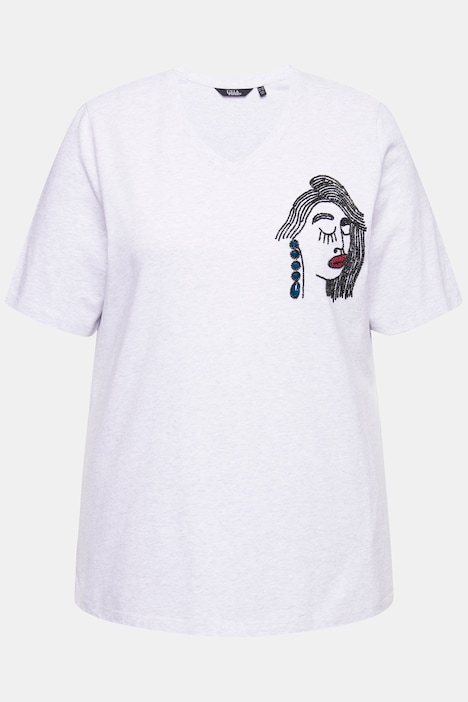 T-Shirt, Stickerei, Classic, V-Ausschnitt, Halbarm