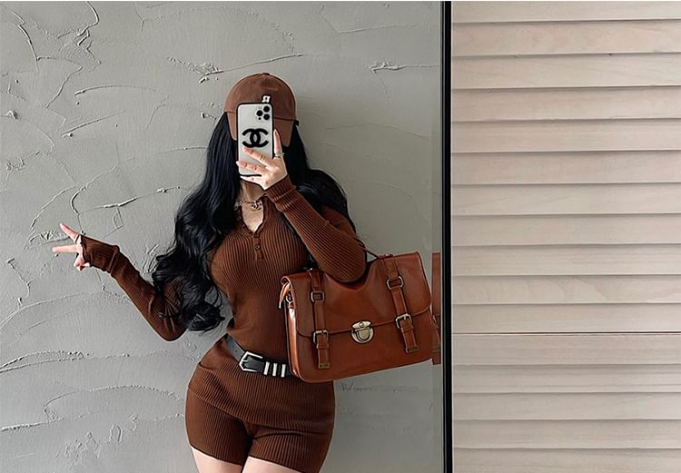 RainGirl - Lange mouwen V-hals effen romper met riem