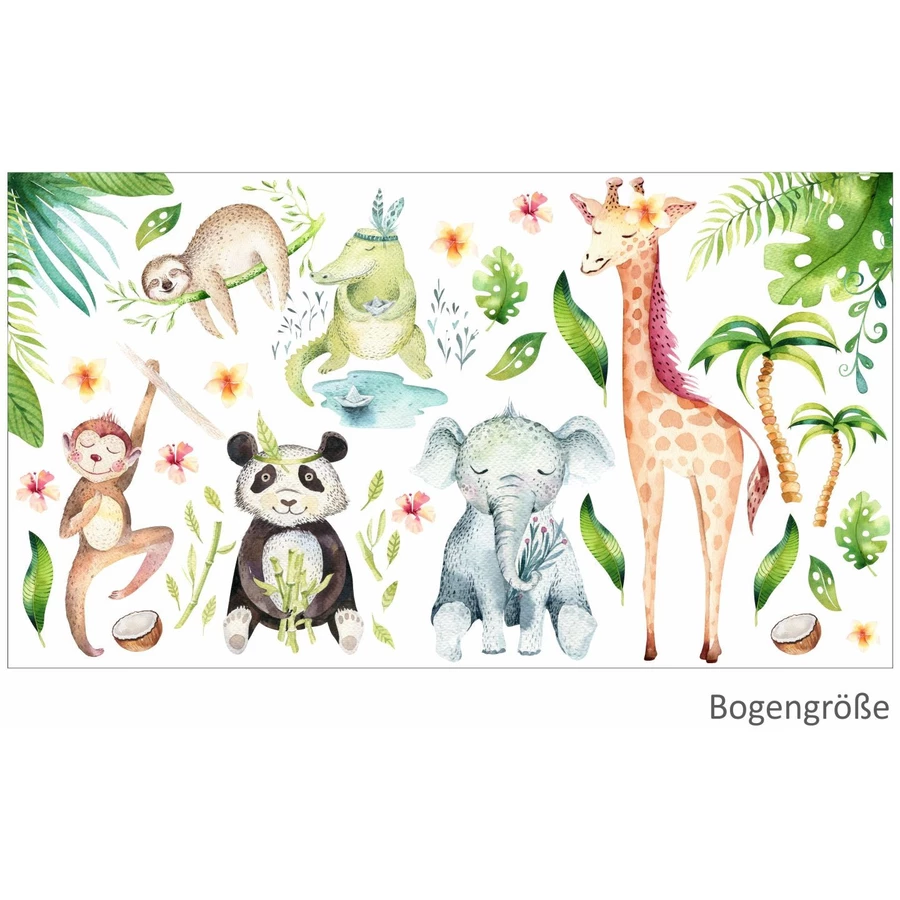 Nikima Wandtattoo 113 Wandtattoo Dschungeltiere Elefant Giraffe Panda Faultier Affe bunt