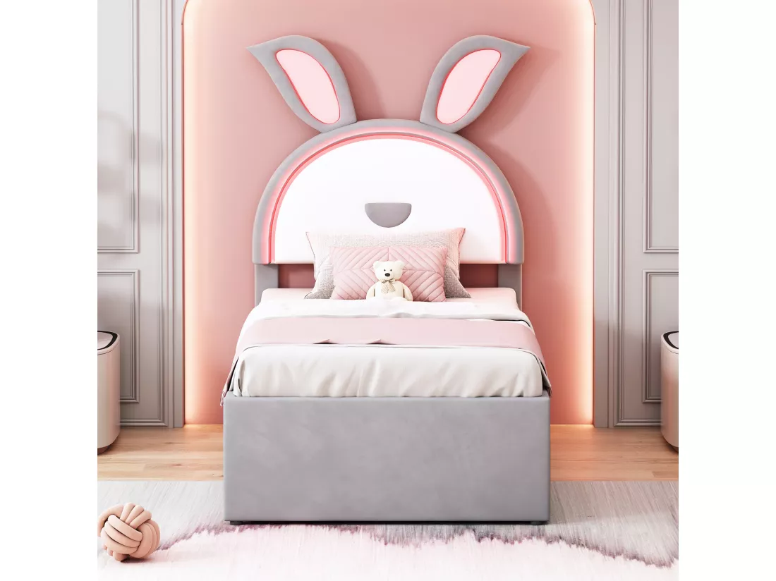Lit gigogne enfant 90 x 200 cm velours canapé-lit avec lit gigogne tiroir de rangement et lumière LED gris