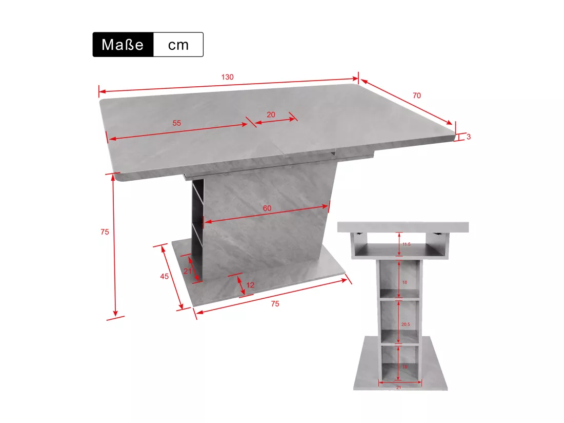 Table à manger extensible 4 à 6 couverts avec rangement - L130xW70xH75cm - Panneau de particules - Gris