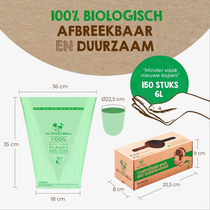150st Afvalzak bio Mr. Green Mind 36x35cm 6 liter dispenser 150 stuks (8713631204076)
