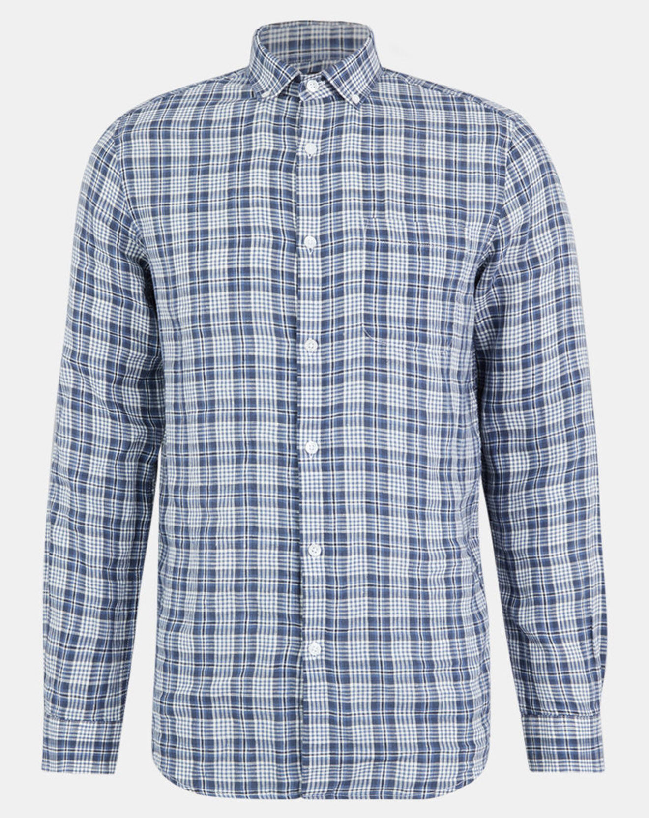 Galeries Lafayette Chemise droite 100% Lin Lintaro à carreaux bleue