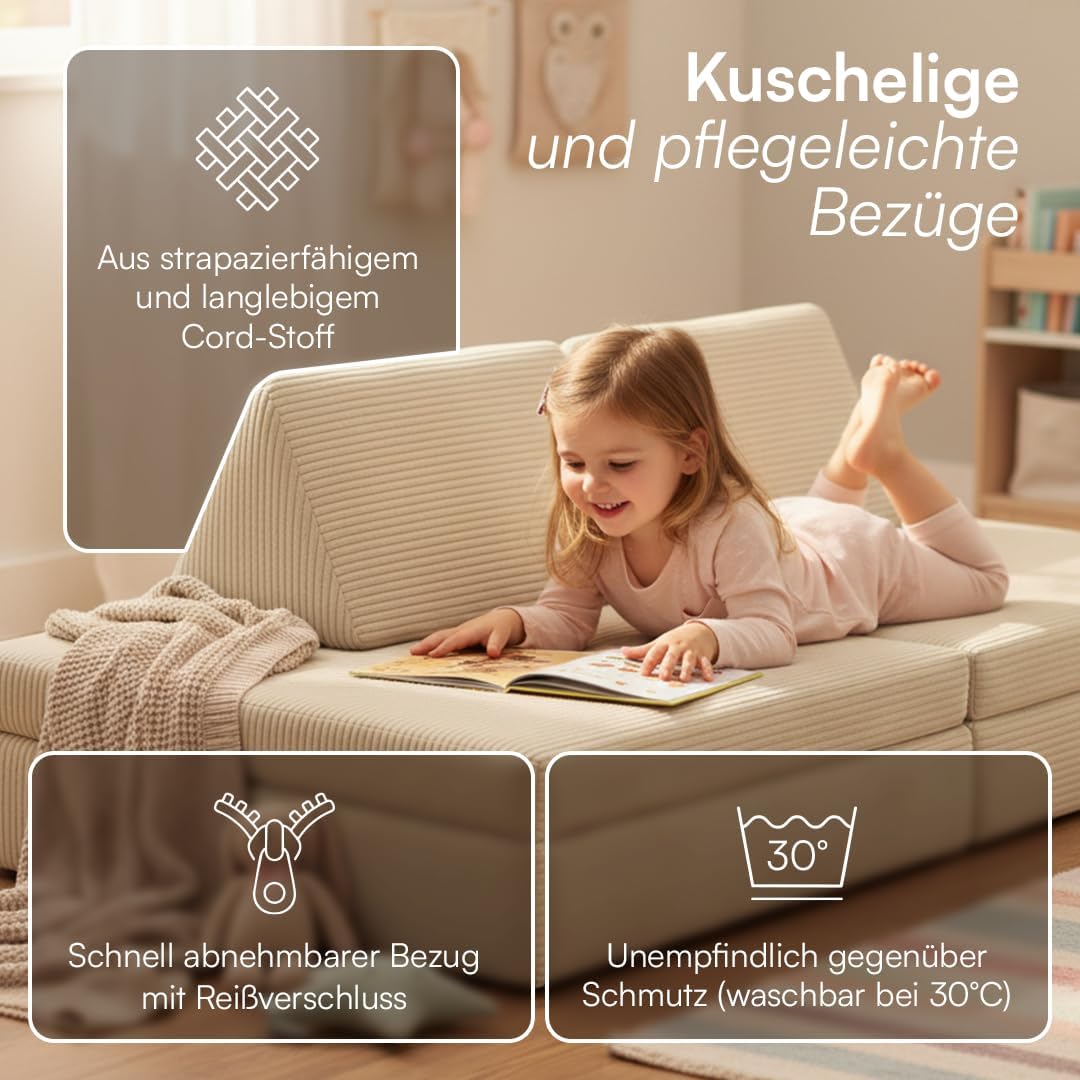 Bellabino Nile Spielsofa für Kinder – Kindersofa Cord in Beige – Spielesofa aus Schaumstoff Bausteine – modulare Kindercouch ausklappbar – Spielcouch waschbarer Bezug – Sofa Kinderzimmer Kuschelecke