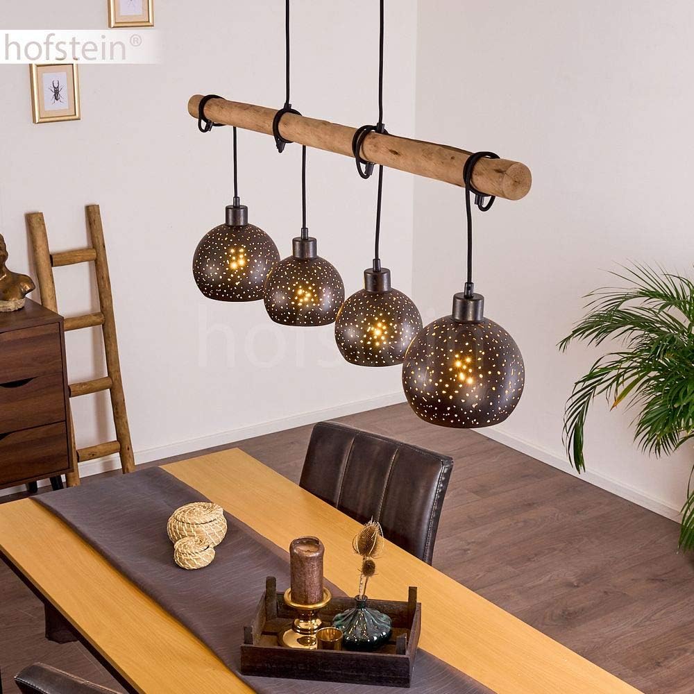 HOFSTEIN Pendelleuchte Imana 4-flammige Deckenlampe aus Metall in schwarz und kupferfarben, Vintage Look, Pendellampe mit Holz in Natur für Esszimmer, Küche, 4 x E27, höhenverstellbar bis max. 120cm