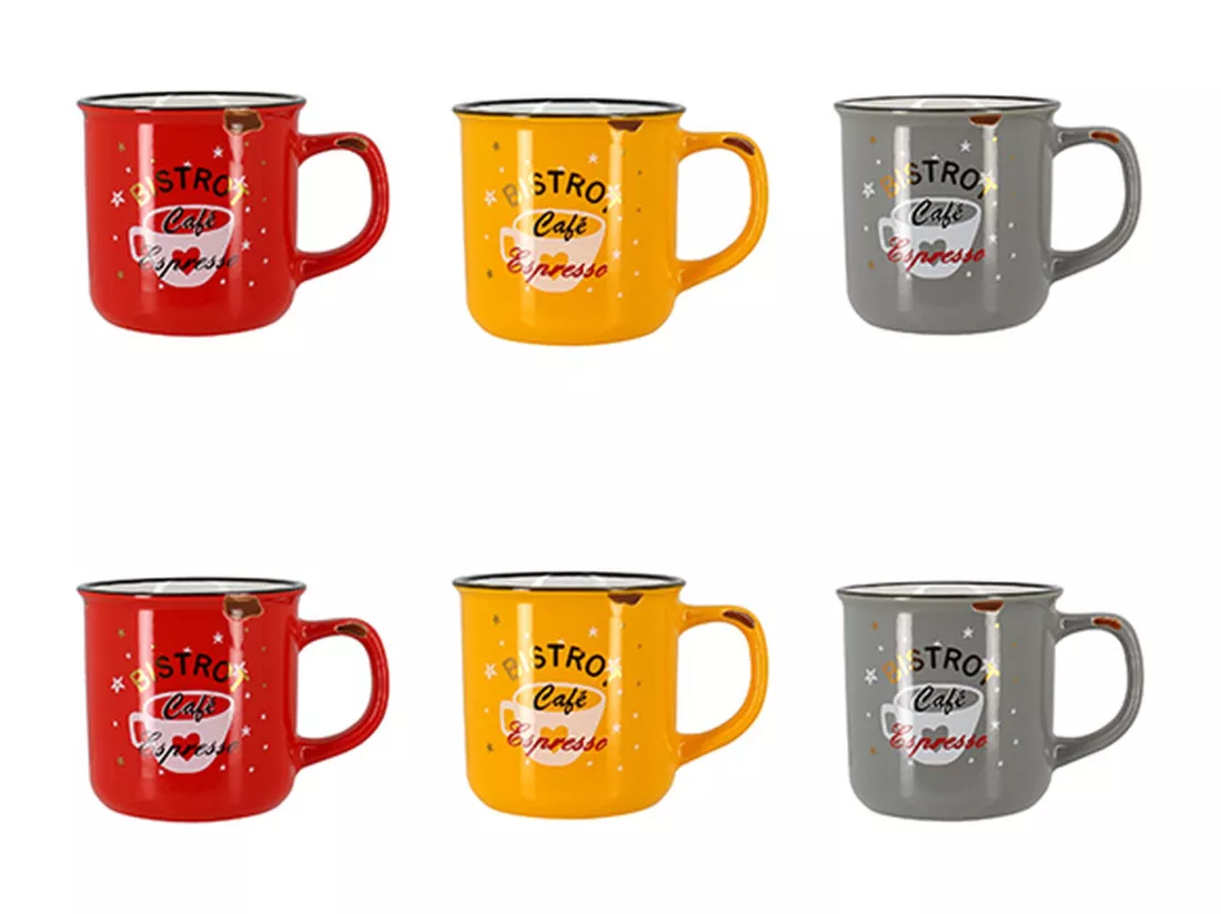 Novastyl - Lot 6 Mugs Cafetaria En Gres 33cl 3 Couleurs Assorties
