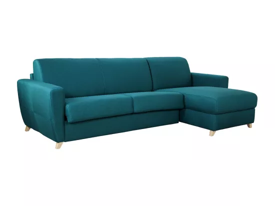 Canapé d'angle convertible réversible avec coffre 4 places en tissu bleu canard et bois clair GRAHAM