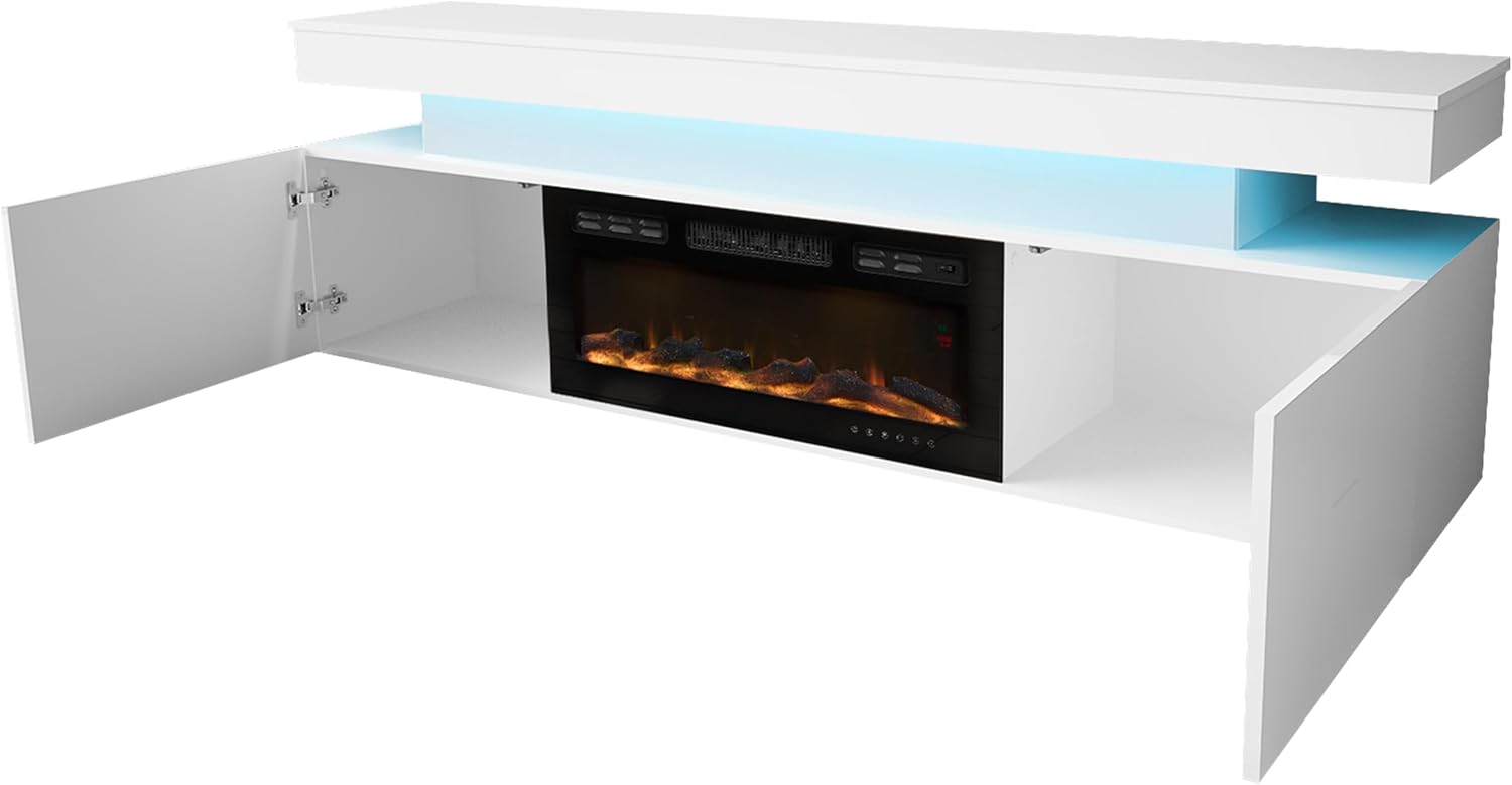 Mirjan24 TV Schrank Serkuzo EF 2D mit Elektrischem Kamin, Praktischer Fernsehschrank, TV Lowboard mit Grifflose Öffnen, Realistische LED-Flamme (Schwarz/Schwarz Hochglanz)