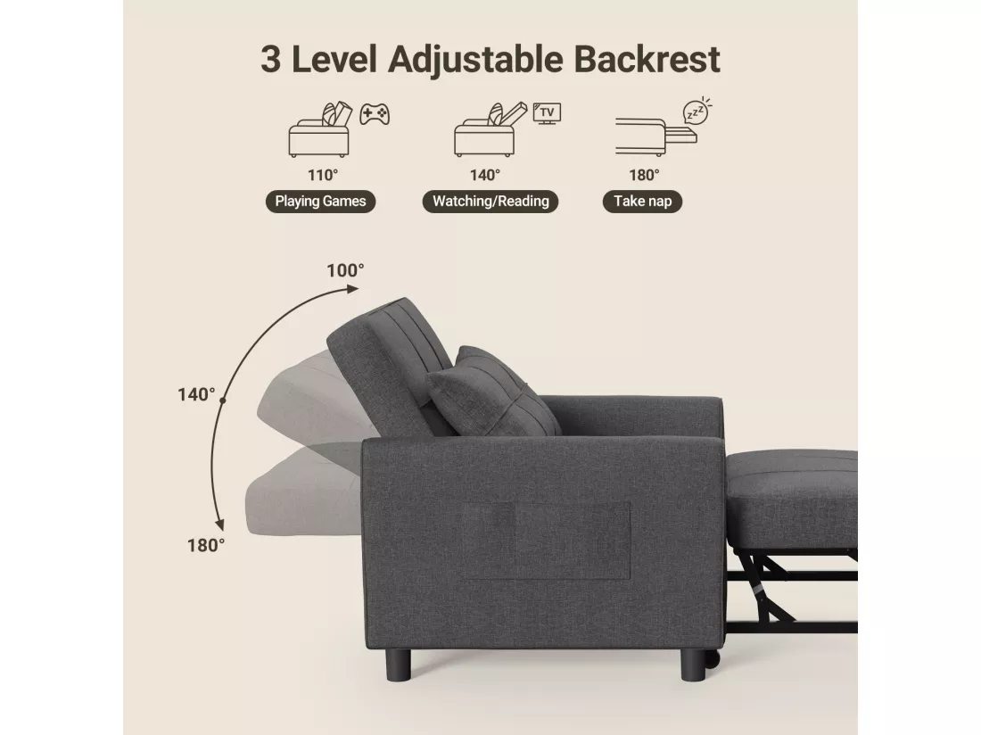 Fauteuil Convertible, Canapé Lit 1 Place Fauteuil Chaise Longue Coussin Réglable Rangement Roues Pliante AR21-D