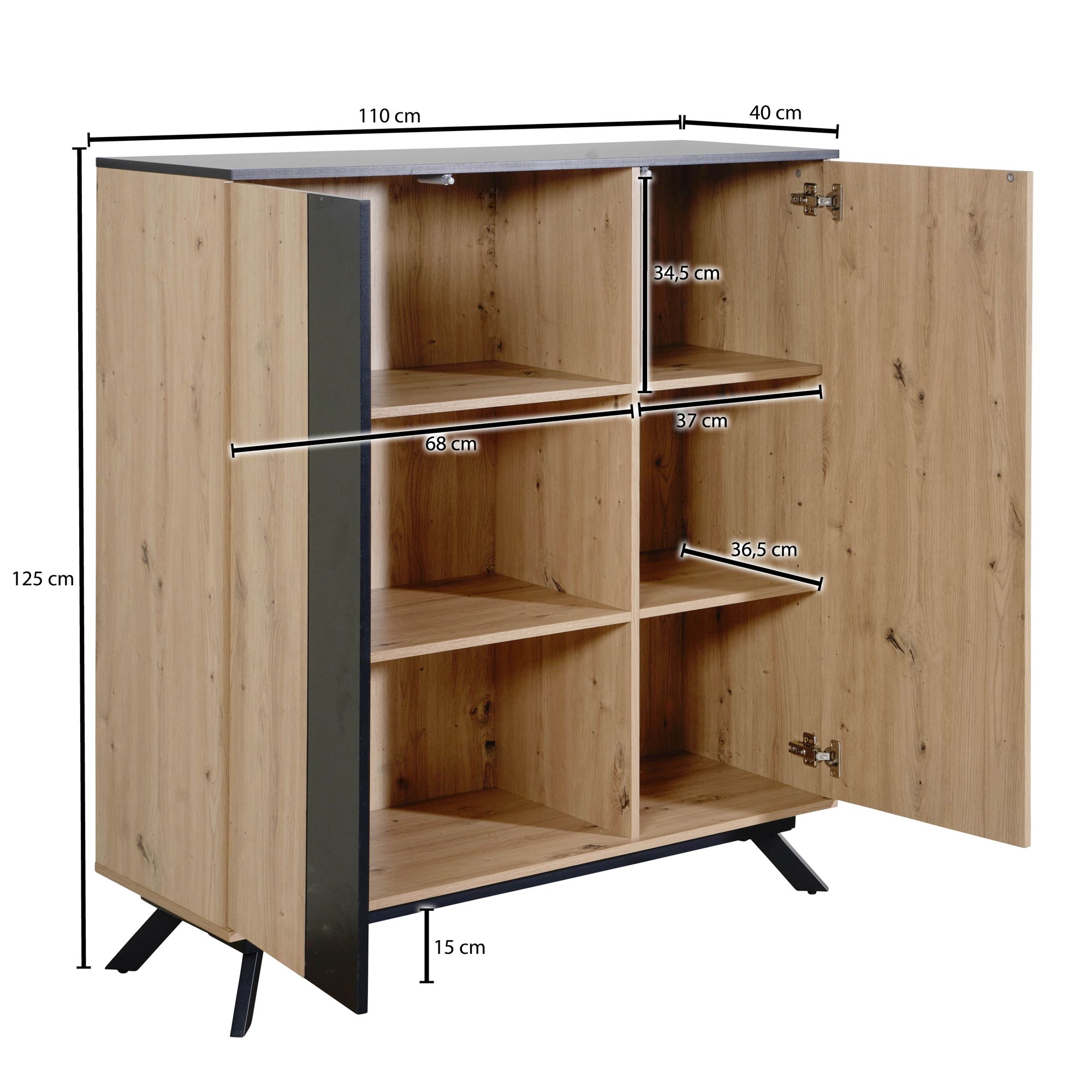 Highboard FineBuy Sideboard 110x125x40 cm MDF Eiche Dekor Kommode Anrichte