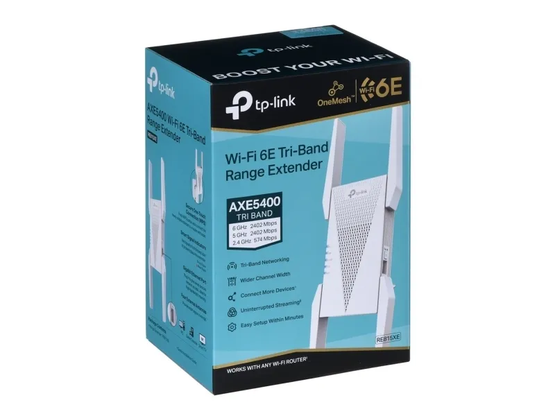 TP-Link RE815XE, Hvid, Ekstern, Mesh-satellit, Tri-band (2,4 GHz/5 GHz/6 GHz), Wi-Fi 6 (802.11ax), 2402 Mbit/s