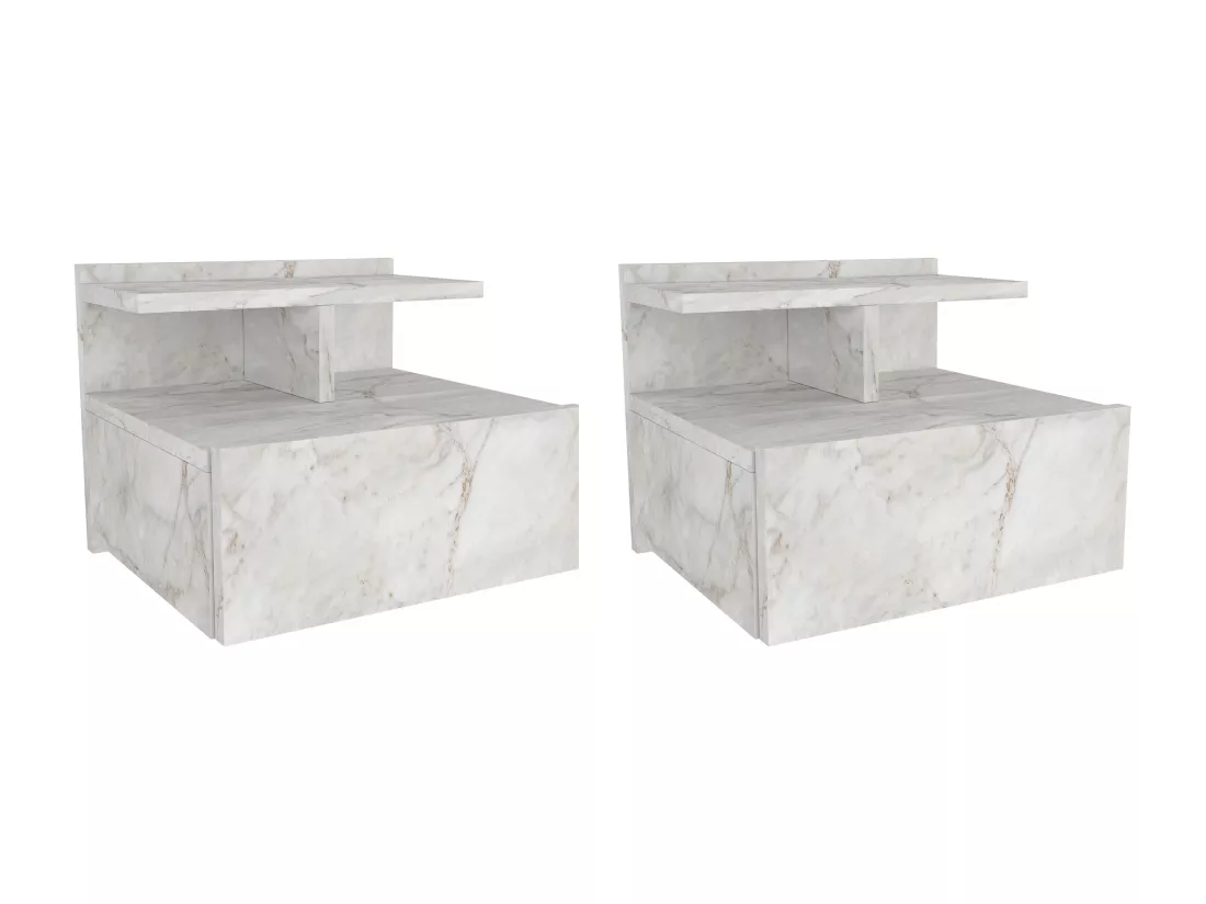 Lot de 2 tables de chevet suspendues - 1 tiroir - Effet marbre blanc - AZELNO
